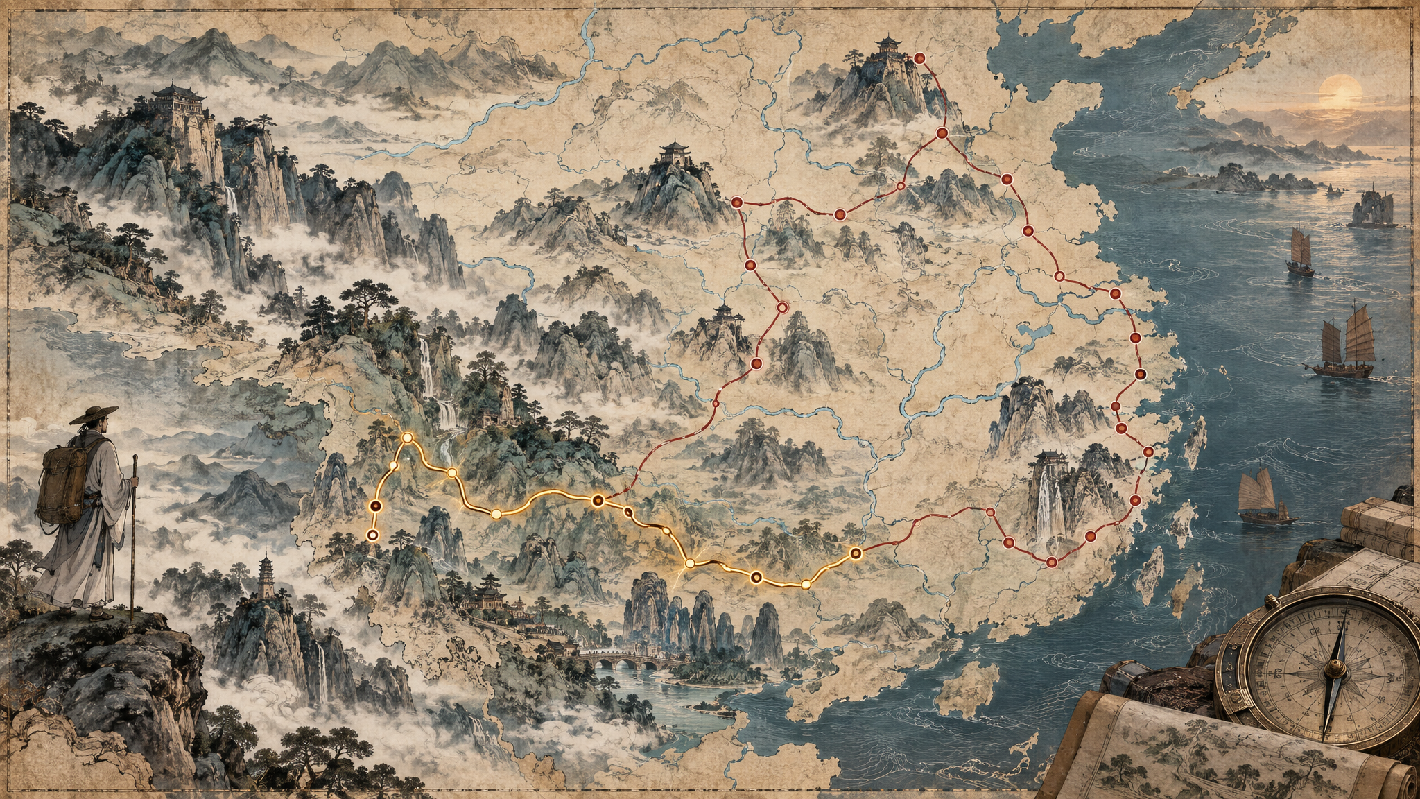 徐霞客三十年足迹与西南远征路线图